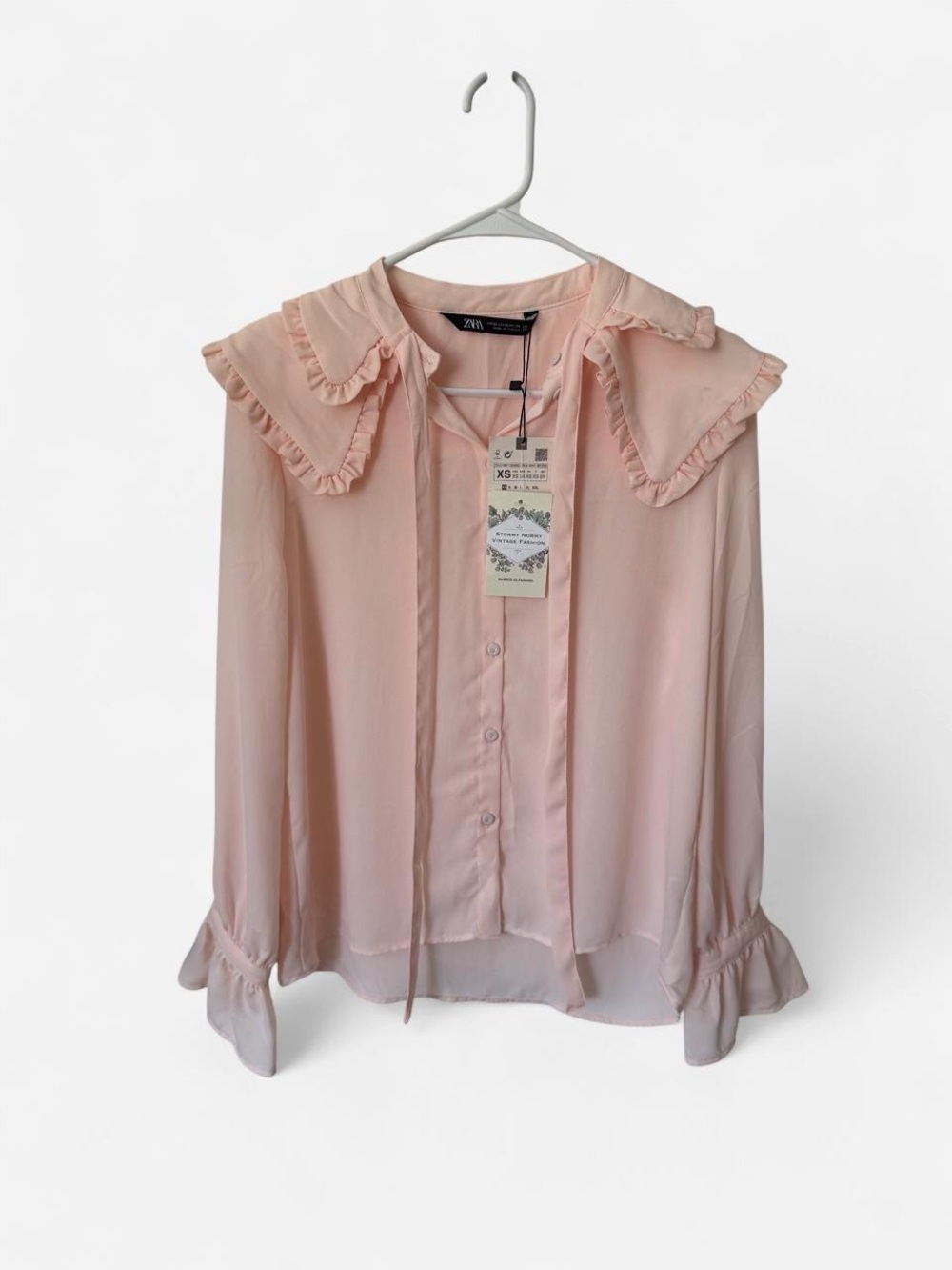 Zara NWT Blush Pink Ruffle Collar Tie Neck Blouse XS Sheer Bell Sleeve